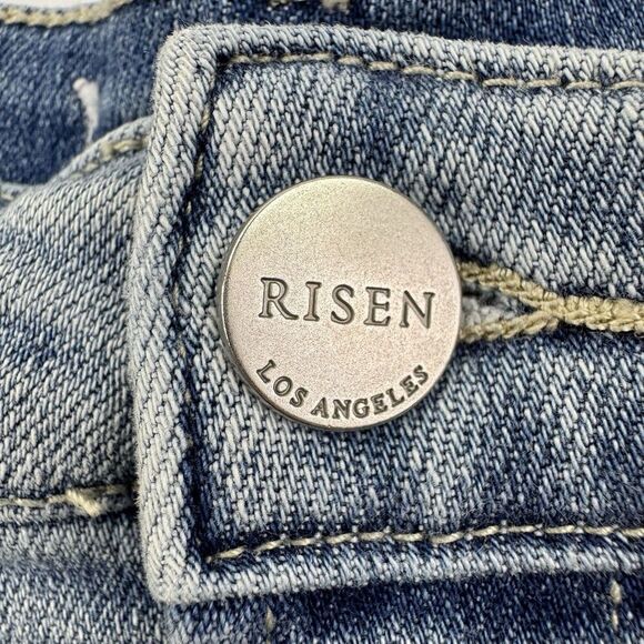 RISEN High Rise Frayed Hem Distressed Jean Shorts Raw Hem Light Wash Size 2 - Picture 3 of 10